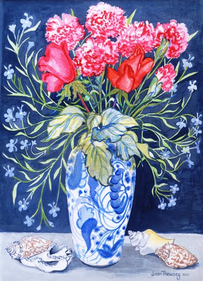 Roses, Carnations and Lobelia in a Blue and White Vase, 3 Shells Textiles 2011 by Joan Thewsey